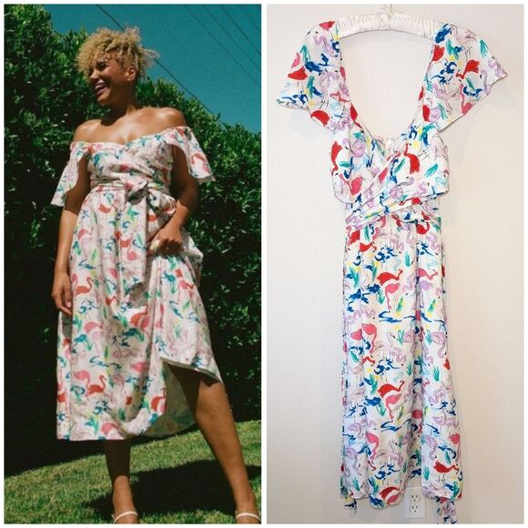 Tanya Taylor Dresses & Skirts - Tanya Taylor 100% Silk The Teigan Flamingo Print White Midi Dress